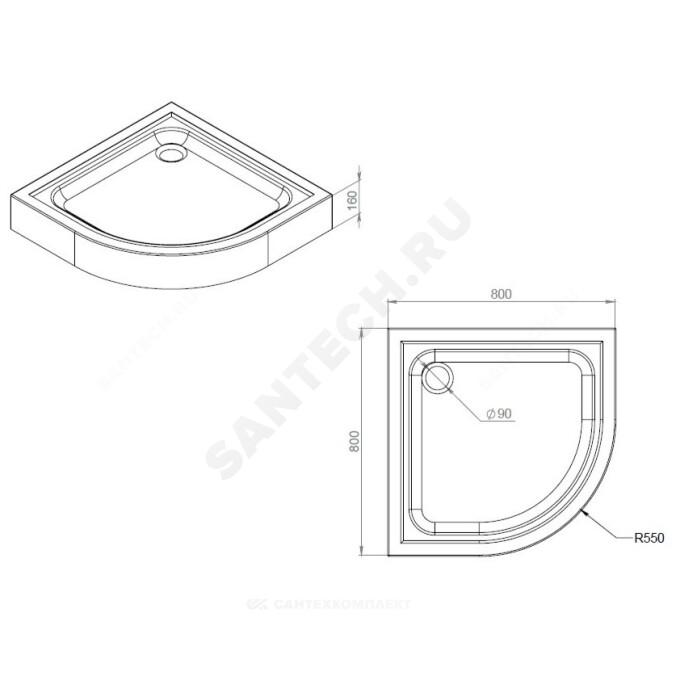 Поддон душевой акриловый четверть круга Gem 800х800х160 белый AM.PM W90T-401-080W