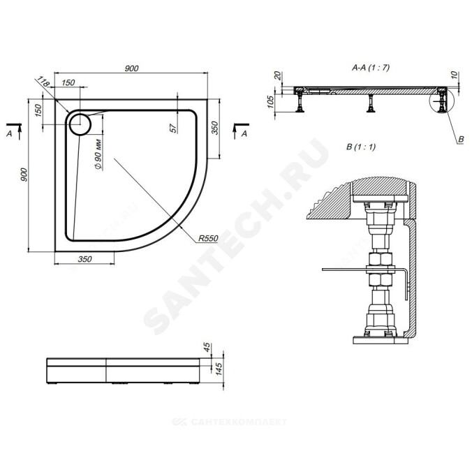 Поддон душевой акриловый четверть круга X-Joy 900х900х150 белый AM.PM W88T-205-090W64