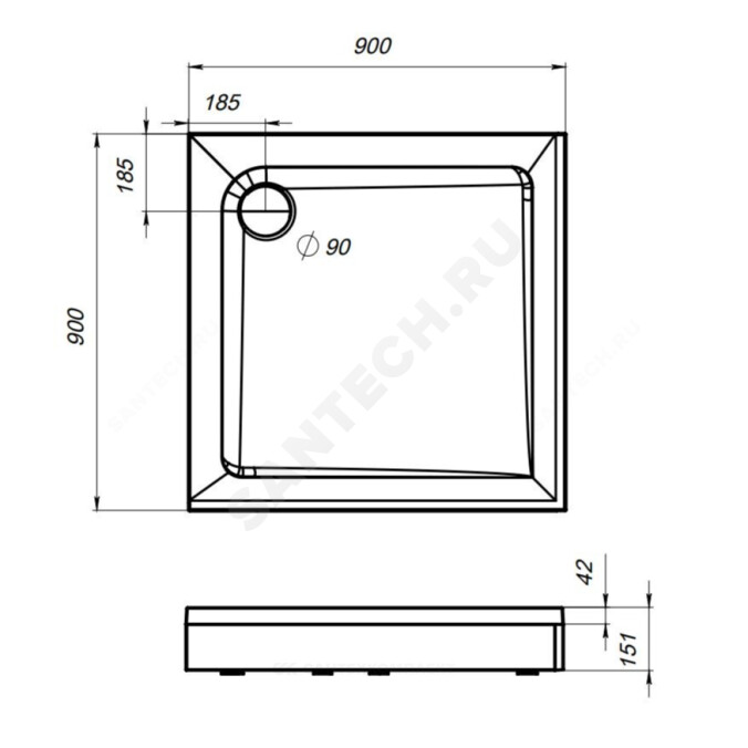 Поддон душевой акриловый квадрат Gem 900х900х150 белый AM.PM W90T-403-090W