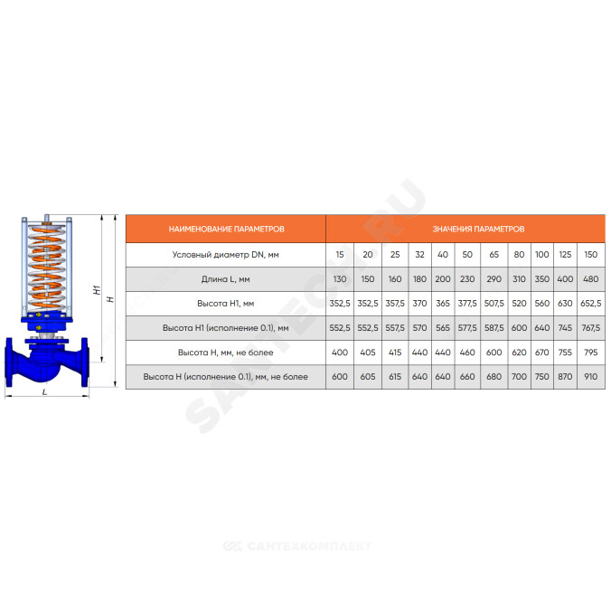 Регулятор давления после себя чугун RDT-P Ду 15 Ру16 фл Рп0.4-4.8 Kvs=1м3/ч Теплосила RDT-P-1.3-15-1
