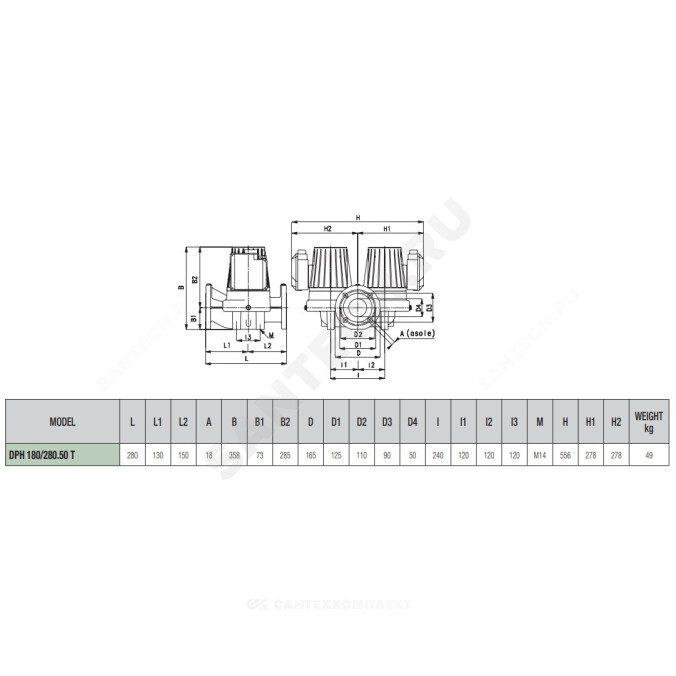 Насос циркуляционный сдвоенный с мокрым ротором DPH 180/280.50 T PN10 3х230-400В/50Гц DAB 505939622